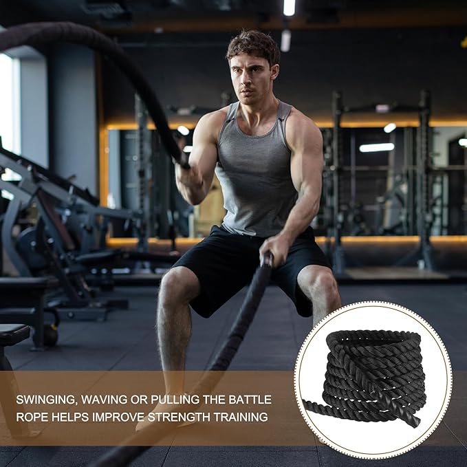 MECCANIXITY Battle Rope 30ft x 1.5 Inch Polyester Workout Rope Heavy Fitness Exercise Rope for Strength Training Home Gym Muscle Building, Black