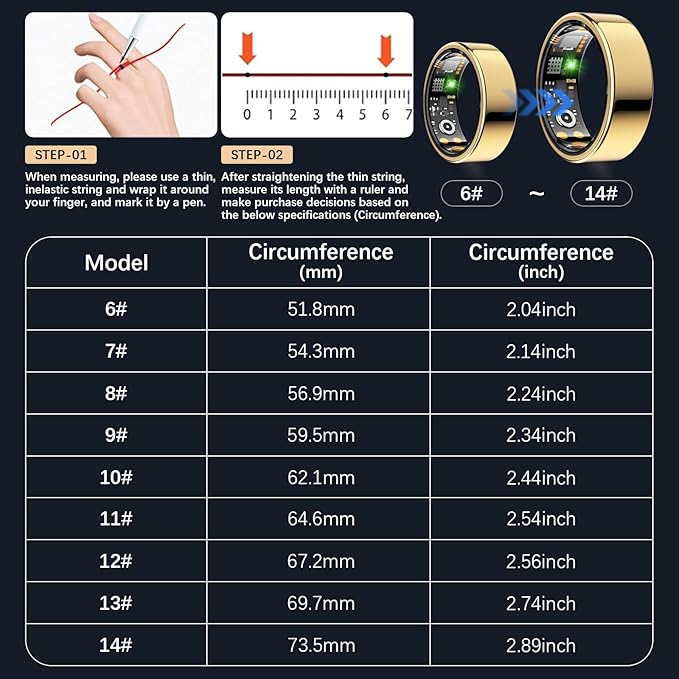 Ring Health Tracker for Women Men, Fitness Tracker with Heart Rate, Blood Oxygen, Sleep Monitor, Calories, Step Counter, IP68 Waterproof Smart Ring for iPhone & Android, No Subscription Fee (Gold, 9#)