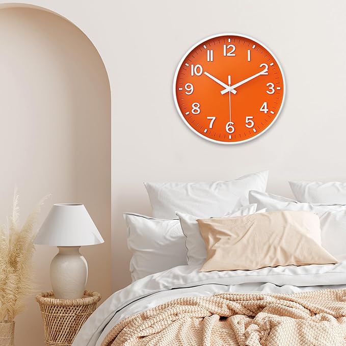 HZDHCLH Wall Clocks Battery Operated,Wall Clock Orange,12 inch Wall Clock Silent Non Ticking Modern 3D Numbers for Kitchen Bedroom Living Room Office Classroom Decor