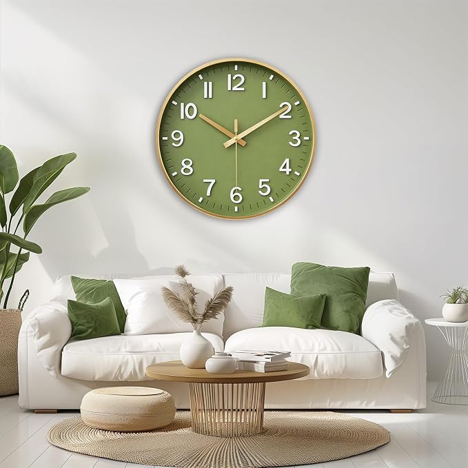 HZDHCLH Wall Clocks Battery Operated,Wall Clock Green Gold,8 inch Wall Clock Silent Non Ticking Modern 3D Numbers for Kitchen Bedroom Living Room Office Classroom Decor