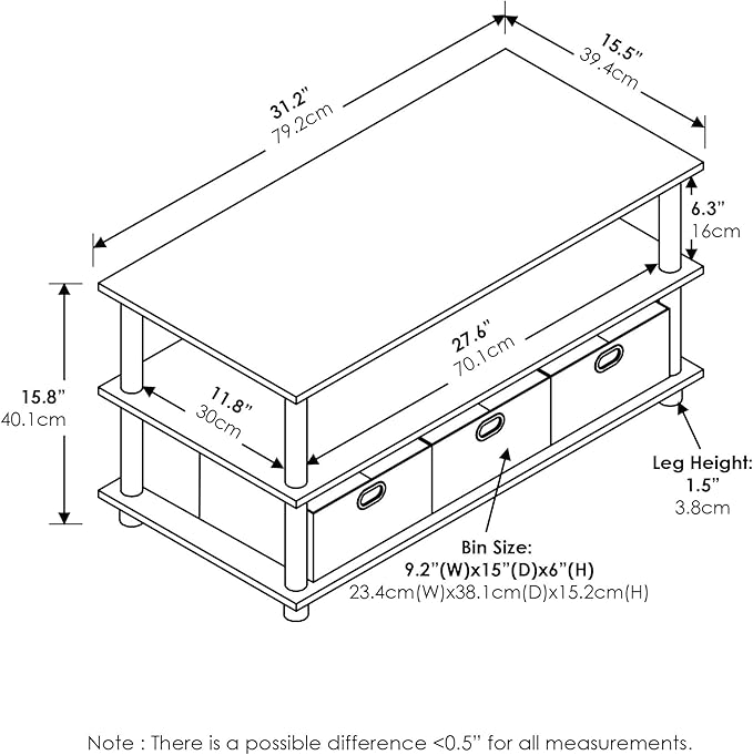 FURINNO Turn-N-Tube Coffee Table, 31.22D x 15.5W x 15.8H in, French Oak Grey/Black/Black