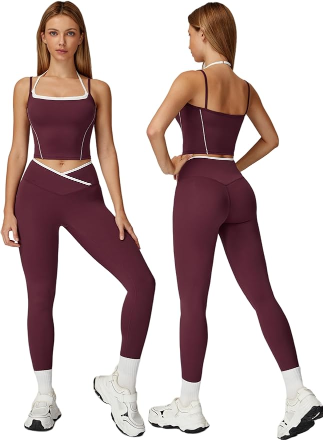 ABOCIW Workout Sets for Women 2 Piece Color Block Strappy Sports Bra High Waist Leggings Gym Yoga Pilates Outfits