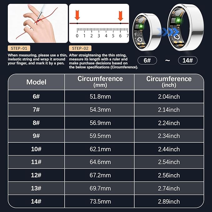 Smart Health Ring for Women Men, Fitness Tracker Ring with Heart Rate, Blood Oxygen, Sleep Tracker, Step Tracker, No Subscription Fee, IP68 Waterproof Smart Ring for iPhone & Android (Silver, 10#)