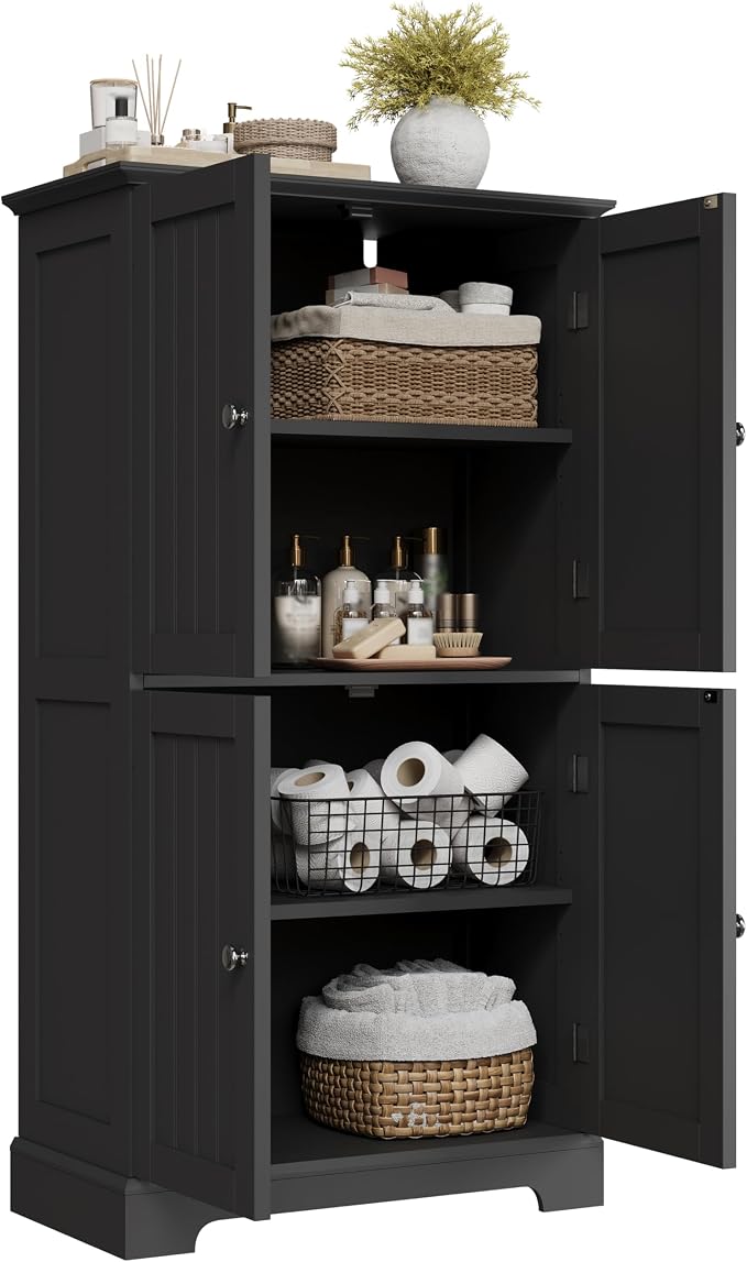 ChooChoo Bathroom Floor Cabinet, Modern Bathroom Storage Cabinet with 4 Doors and Adjustable Shelves, Freestanding Cupboard for Living Room, Black