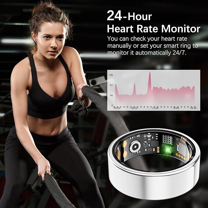 Ring Health Tracker for Women Men, Fit Ring with Heart Rate, Blood Oxygen, Sleep Monitor, Calories, Step Counter, IP68 Waterproof Smart Ring for iPhone & Android, No Subscription Fee (Silver, 8#)
