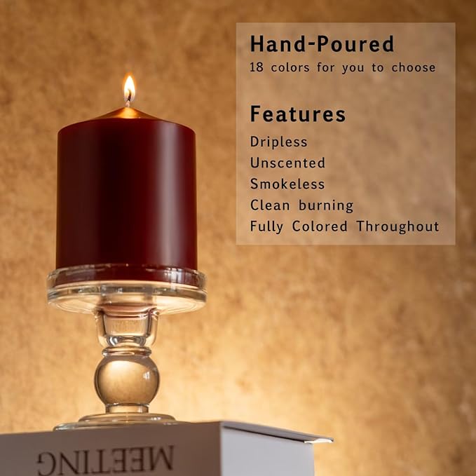 MOZEAL 3" x 6" Hand-Poured Unscented Dark Red Pillar Candles,Dripless Candles Set of 3,Long Lasting Burning,Approx 100 Hours Burn Time for Wedding,Dinner,Christmas and Home Decor