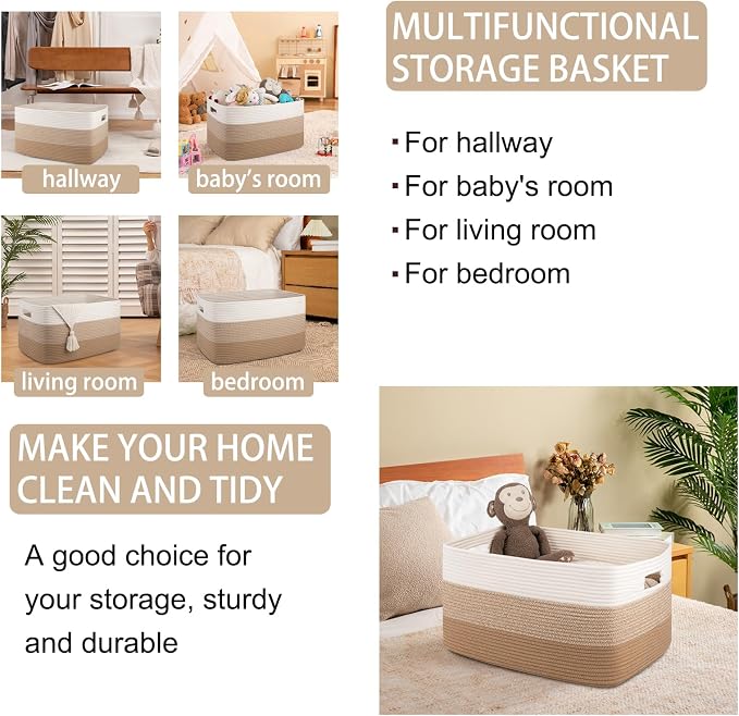 OIAHOMY Large Blanket Basket For Living Room, Rectangle Woven Baskets for Storage, Nursery Toy Storage With Handle-22”x17”x12”-Gradient Light Yellow
