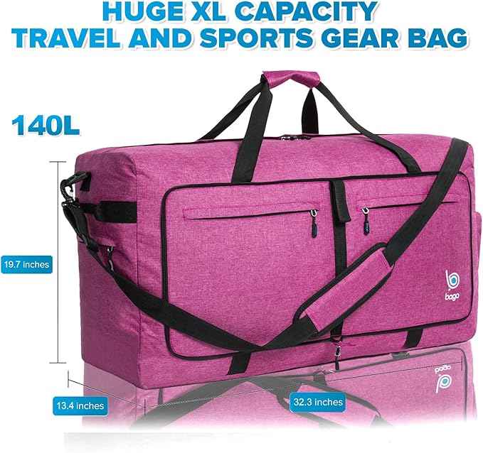 Bago Big XXL Foldable Duffel Bags for Traveling Women & Men - 140L Packable Duffle Bag for Travel with Shoe Compartment - Water Repellant, Heavy Duty, Lightweight Folding & Collapsible (SnowPink)