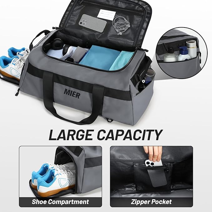 MIER Gym Bag for Men Large Duffel Backpack with Shoe Compartment, 60L Convertible Duffle Bags Weekender Overnight Bag for Gym Sports Travel, Gray
