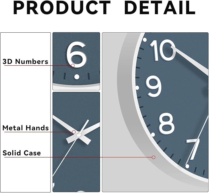 Roymnie Wall Clock 10 Inch Silent Wall Clocks Battery Operated-Modern Non Ticking Analog Clock Decorative for Kitchen Bedroom Office Bathroom(Azure Blue)