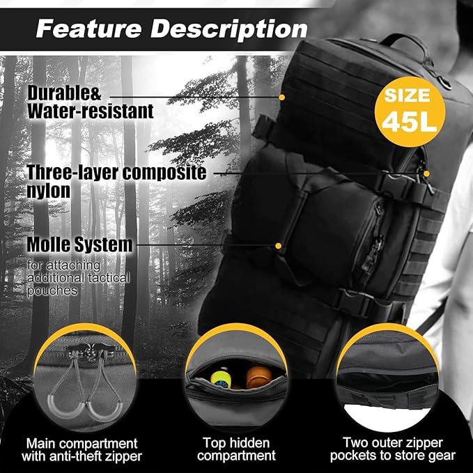 3 In 1 Tactical 45L Military Backpack Travel Duffle Bag for Weekender Gym Workout Deployment