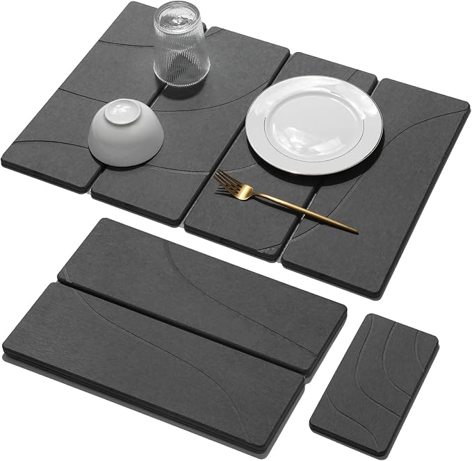 Large Stone Dish Drying Mat for Kitchen Counter, 2 PCS Quick Dry Stone Mats, Foldable Water Absorbing Diatomaceous Earth Drying Dishes Pad for Countertop Bottle Utensil Cup(Carved Gray 24"x16"&8"x4")