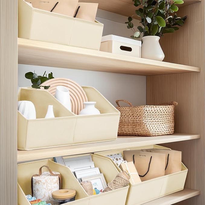 Homsorout Closet Organizers and Storage Bins - 4 Pack Collapsible Divided Trapezoidal Cube Storage Bins Baskets with Orange Handle for Organizing Clothes Blankets, Toys, Books, Towels(Beige)