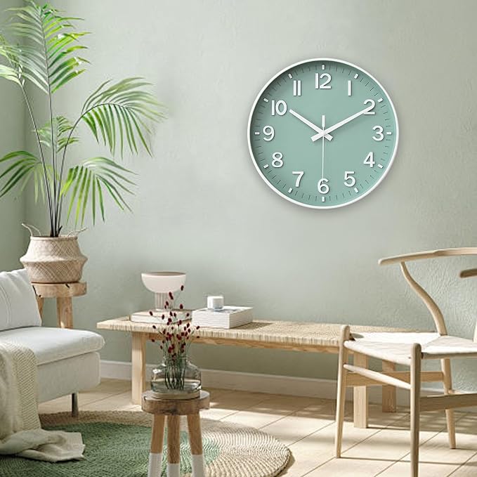 HZDHCLH Wall Clocks Battery Operated,Wall Clock Green,10 inch Wall Clock Silent Non Ticking Modern 3D Numbers for Kitchen Bedroom Living Room Office Classroom Decor