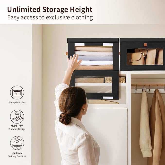 Homsorout Large Closet Storage Bins - Collapsible Clothes Organizer with Handles & Window, Decorative Boxes with Lids, Linen Closet Organizers for Living Room, Dorm, 8 Pack, Black