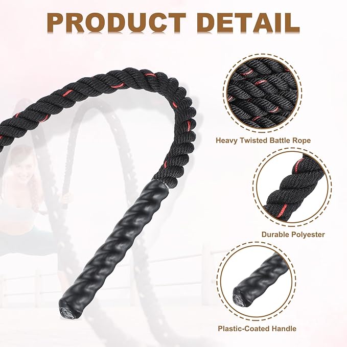 MECCANIXITY Battle Rope 30ft x 1 Inch Polyester Workout Rope Heavy Fitness Exercise Rope for Strength Training Home Gym Muscle Building, Black Red