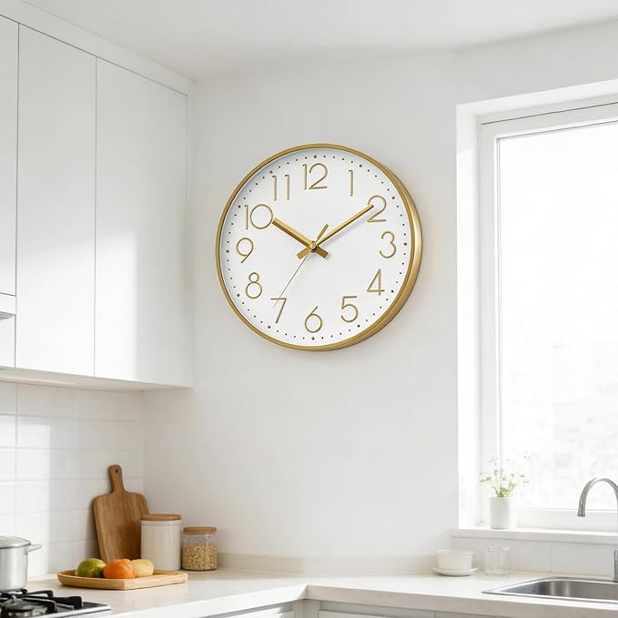 DAXSMY Wall Clock - 10 Inch Silent Non-Ticking Modern 3D Wall Clocks Battery Operated - Decorative Clock for Kitchen, Home Office, Bathroom, Bedroom(Gold)