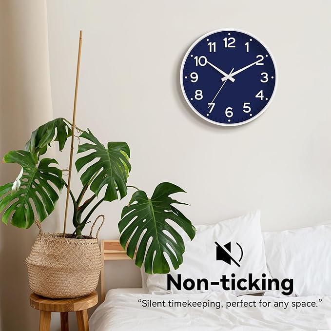 Roymnie Wall Clock 12 Inch Silent Wall Clocks Battery Operated- Modern Non Ticking Analog Clock Decorative for Living Room Bedroom Office Kitchen(Navy Blue)