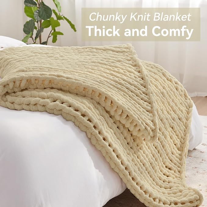 Negwoo Chunky Knit Throw Blanket, 80''*90'' Knitted Throw Chenille Yarn for Bed Couch, Handmade Oatmeal Crochet Big Thick Blanket, Machine Washable Cute Comfy Blanket for Home Decor