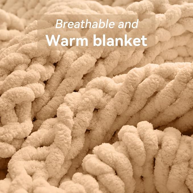 Negwoo Chunky Knit Throw Blanket, 80''*90'' Knitted Throw Chenille Yarn for Bed Couch, Handmade Beige Crochet Big Thick Blanket, Machine Washable Cute Comfy Blanket for Home Decor