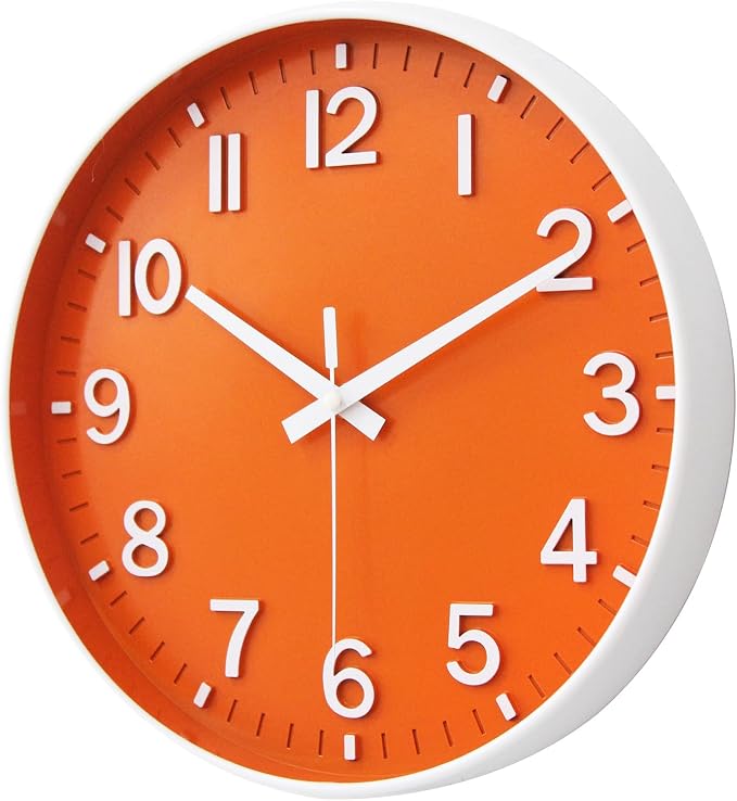 HZDHCLH Wall Clocks Battery Operated,Wall Clock Orange,10 inch Wall Clock Silent Non Ticking Modern 3D Numbers for Kitchen Bedroom Living Room Office Classroom Decor