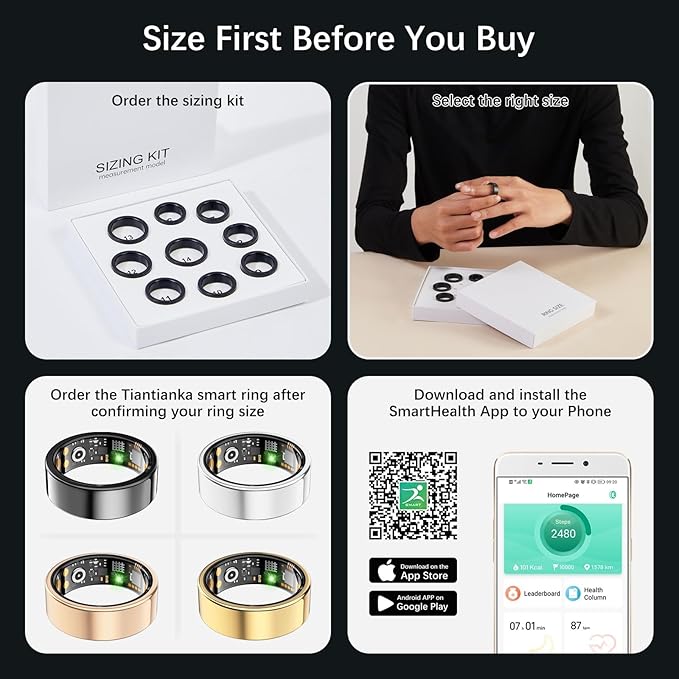 Ring Health Tracker for Women Men, Fit Ring with Heart Rate, Blood Oxygen, Sleep Monitor, Calories, Step Counter, IP68 Waterproof Smart Ring for iPhone & Android, No Subscription Fee (Gold, 14#)