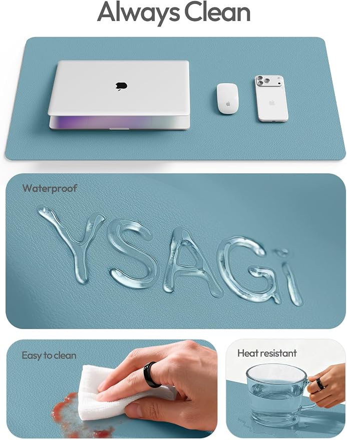 YSAGi Leather Desk Protector, Office Mat, Large Mouse Mat, Non-Slip PU Leather Blotter, Laptop Desk Mat, Waterproof Writing Pad for Office and Home(Aquamarine, 63" x 24")