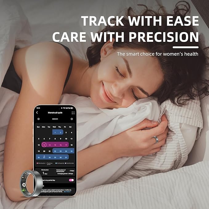Smart Ring for Women Men, Health Fitness Tracker, 10ATM Waterproof Ring for iOS and Android, No Subscription Fee(Black, 7)