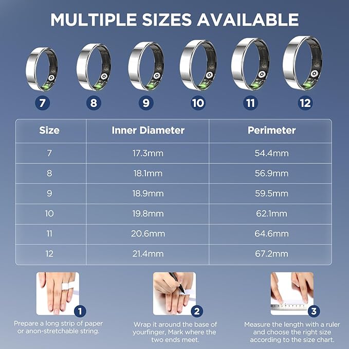 Health Activity Fitness Tracker, Ultra-thin Smart Ring for Women Men, Fitness Ring with Sleep Tracker, 24/7 Heart Rate Monitor, Step Counter, Calorie Pedometer, No APP Fee, for iOS Android (Silver #7)