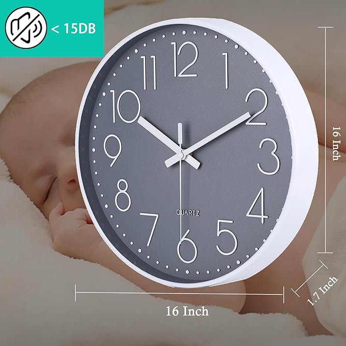jomparis 16 Inch Gray Large Wall Clock Silent Modern Elegant Decor for Living Room Office Kitchen Dining Room