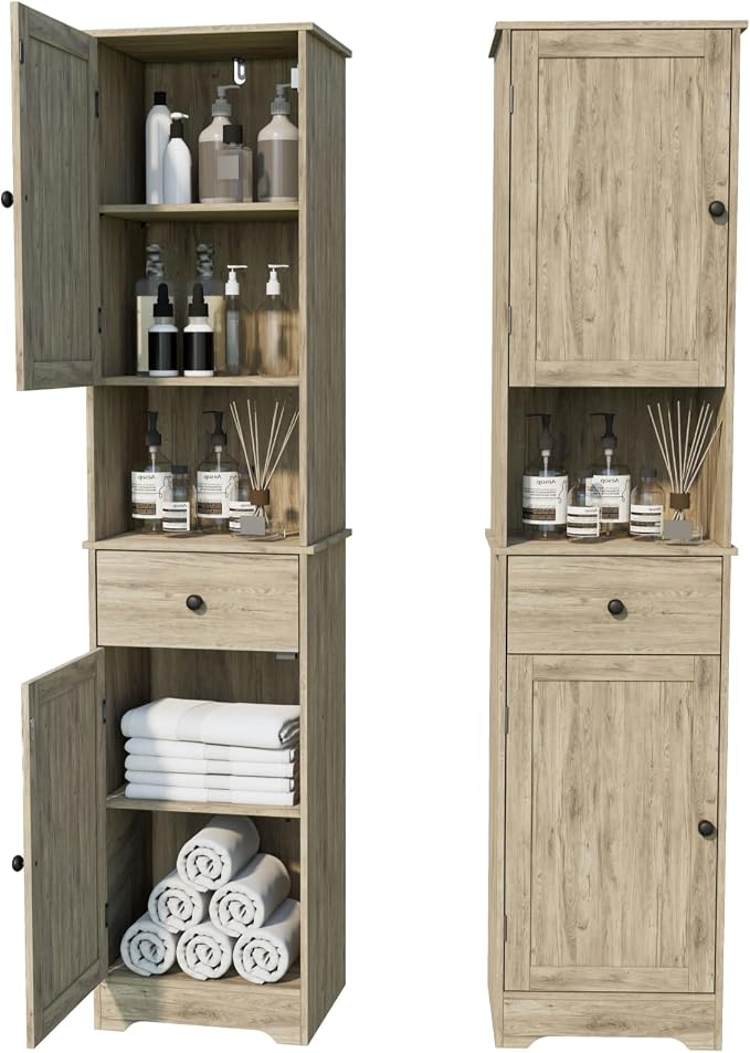 Viaozutis Tall Bathroom Cabinet, Storage Cabinet with 2 Doors & 2Drawer, with Ajustable Shelve, for Bathrooms, Kitchens,Entrances（Grey）