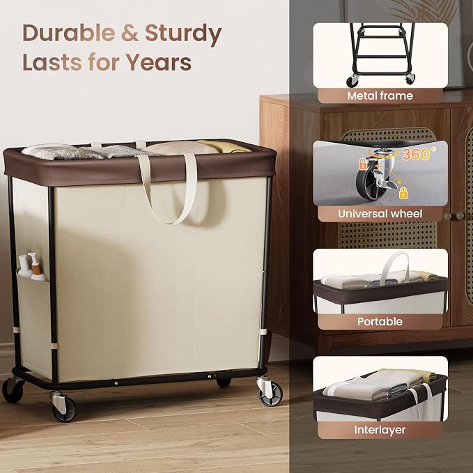 320L Laundry Basket with Wheels, 3-Section Rolling Hamper for Laundry, Extra Large Laundry Hamper with Wheels, Clothes Hamper Rolling Laundry Basket for Home, Bathrooms and Dorm(Beige)