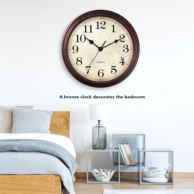 Wall Clock, Bronze Silent Non Ticking Classic Battery Operated Clocks, Decorative for Living Room, Bedrooms, Kitchen, Office (16 inch)