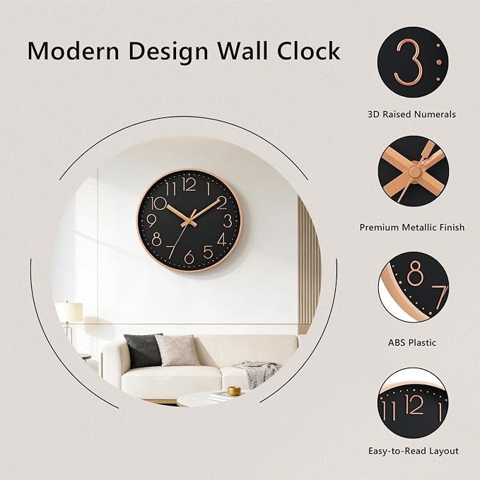 DAXSMY Wall Clock - 8 Inch Silent Non-Ticking Modern 3D Wall Clocks Battery Operated - Decorative Clock for Kitchen, Home Office, Bathroom, Bedroom(Black)