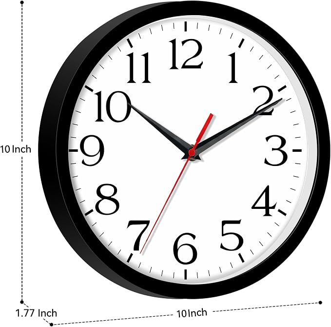 DAXSMY 10 Inch Wall Clock - Battery Operated, Silent Non-Ticking Analog Sweep Movement - Easy to Read Numbers for Home, Office, Kitchen, Classroom (Black)