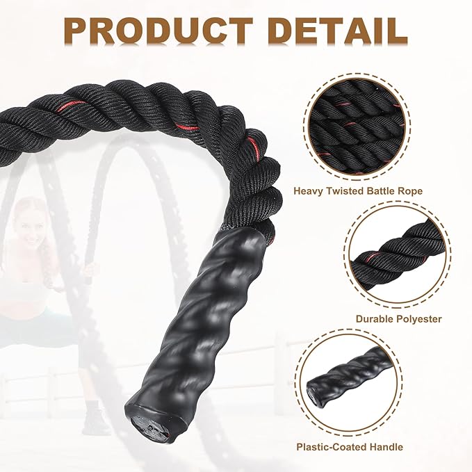 MECCANIXITY Battle Rope 40ft x 2 Inch Polyester Workout Rope Heavy Fitness Exercise Rope for Strength Training Home Gym Muscle Building, Black Red