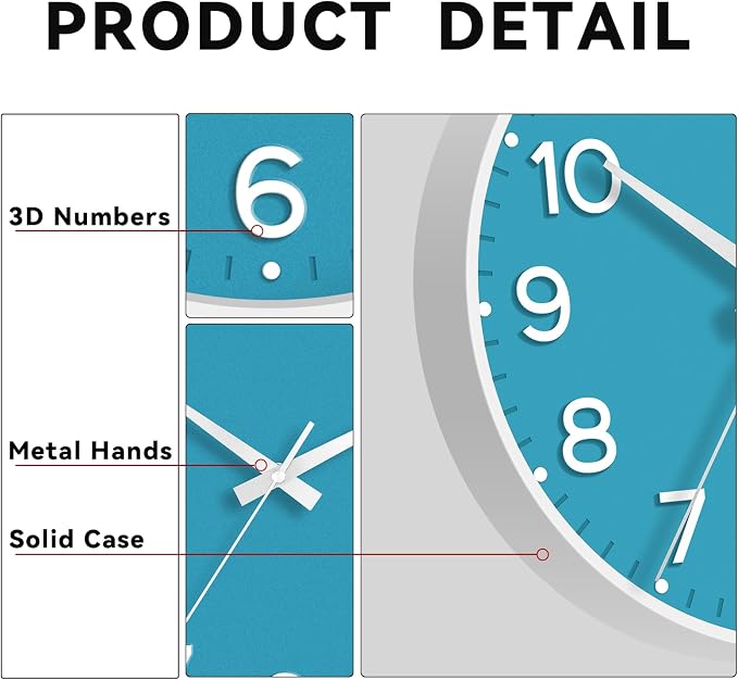 Roymnie Wall Clock, 10 Inch Silent Wall Clocks Battery Operated-Modern Non Ticking Analog Clock Decorative for Kitchen Bedroom Office Bathroom(Blue)