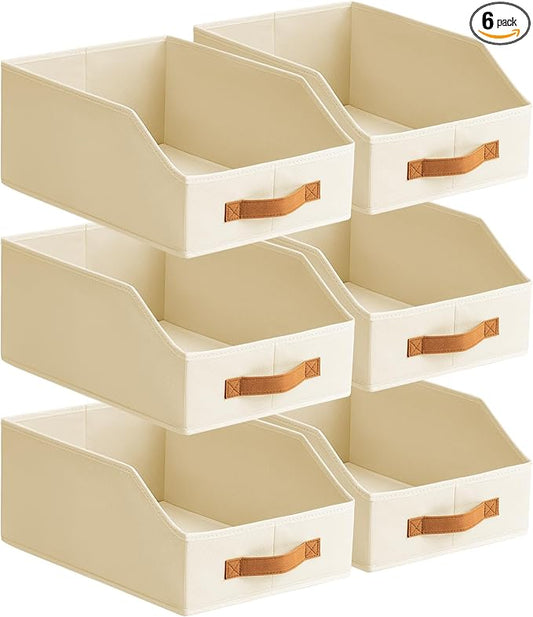 Homsorout Fabric Storage Bins for Organizing - 6 Pack Large Trapezoid Collapsible Storage Bins with Front Handle, Closet Organizers and Storage for Bedroom, Home Shelves, Small Spaces, Beige