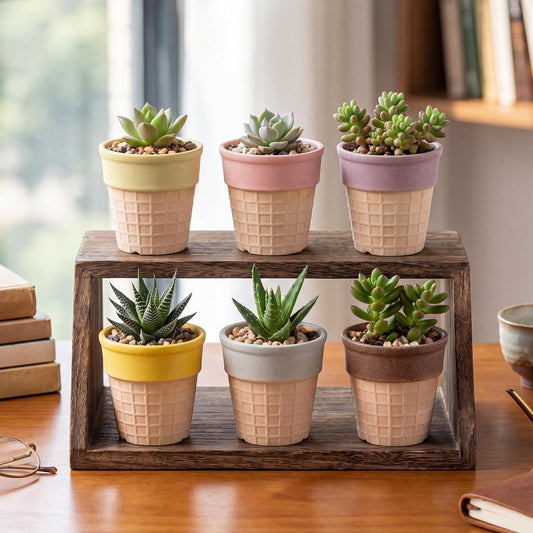 RimCereal 6 Pcs Ice Cream Cone Flower Planter 6 Assorted Colors 2.8 Inch Small Ceramic Pots for Mini Plant Succulent Cactus Flower Tillandsia Air Fern Home Office Desktop Decor
