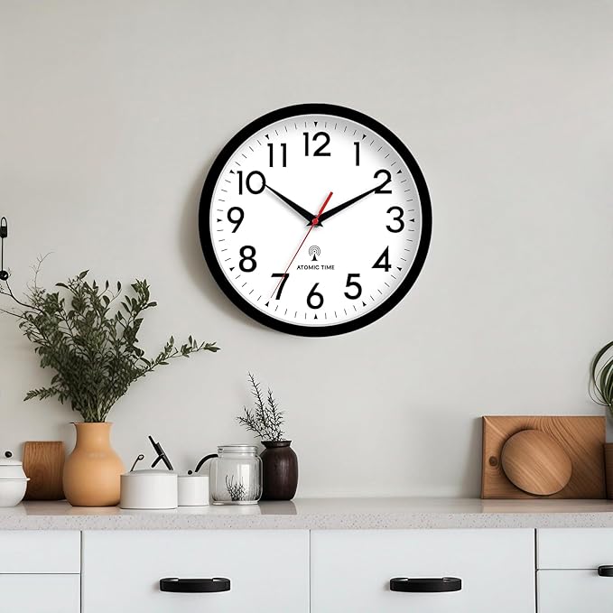 DAXSMY Atomic Wall Clock Analog 10 Inch Battery Operated Modern Decorative for Living Room Kitchen Office Bedroom Bathroom(Black)