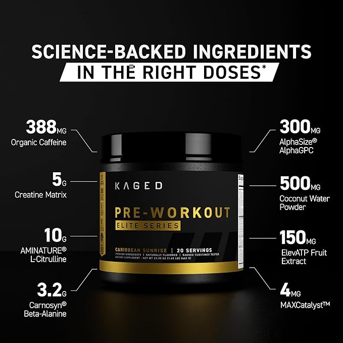 Kaged Pre Workout Elite Powder | Fruit Punch | Pre-Workout with Creatine, Beta Alanine, L-Citrulline, BCAAs | 388 mg Organic Caffeine | Pre Supplements for Men & Women | 20 Servings