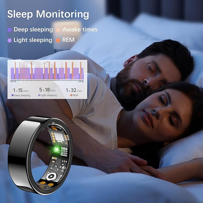 Smart Health Ring for Women Men, Fitness Tracker Ring with Heart Rate, Blood Oxygen, Sleep Tracker, Step Tracker, No Subscription Fee, IP68 Waterproof Smart Ring for iPhone & Android (Black, 8#)