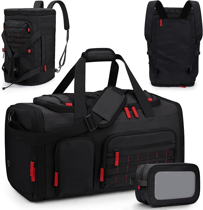 Gym Bags for Men Women, 45L Sports Travel Duffle Bag with Shoe Compartment, 3 in 1 Weekener Overnight Backpack with Wet Pocket, Black