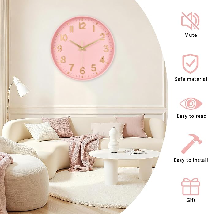 HZDHCLH Wall Clocks Battery Operated,Wall Clock Pink Gold 12 inch Wall Clock Silent Non Ticking Modern 3D Numbers for Office Kitchen Classroom Bedroom Living Room Decor