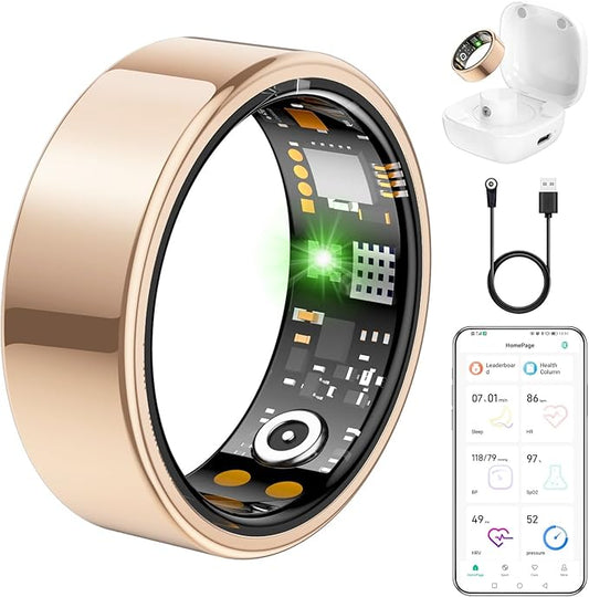 Ring Health Tracker for Women Men, Fit Ring with Heart Rate, Blood Oxygen, Sleep Monitor, Calories, Step Counter, IP68 Waterproof Smart Ring for iPhone & Android, No Subscription Fee (Rose Gold, 7#)