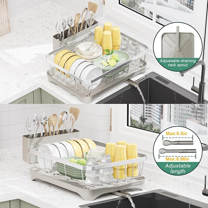 LIYI Dish Drainer,Large Capacity Storage,with Drain Outlet,304 Stainless Steel,Utensil Drain Rack, Multifunctional Kitchen Organizer,White