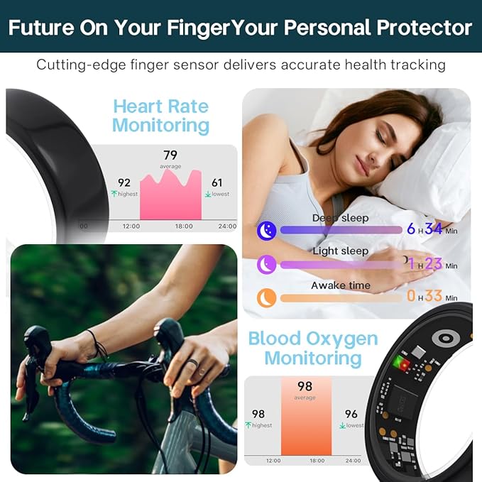 Smart Rings for Women Men,Fitness Tracker Ring,Heart Rate,Blood Oxygen,Blood Pressure,Step Tracker,Sleep Monitoring,No Subscription Fee,IP68 Waterproof Smart Ring for iphone&Android(Black 7)