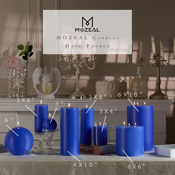 MOZEAL 3" x 6" Hand-Poured Unscented Candle,Dripless Pillar Candle Set of 3,Long Lasting Burning,Approx 120 Hours Burn Time,Rustic Country Style,for Wedding,Dinner,Christmas and Home Decor,Blue