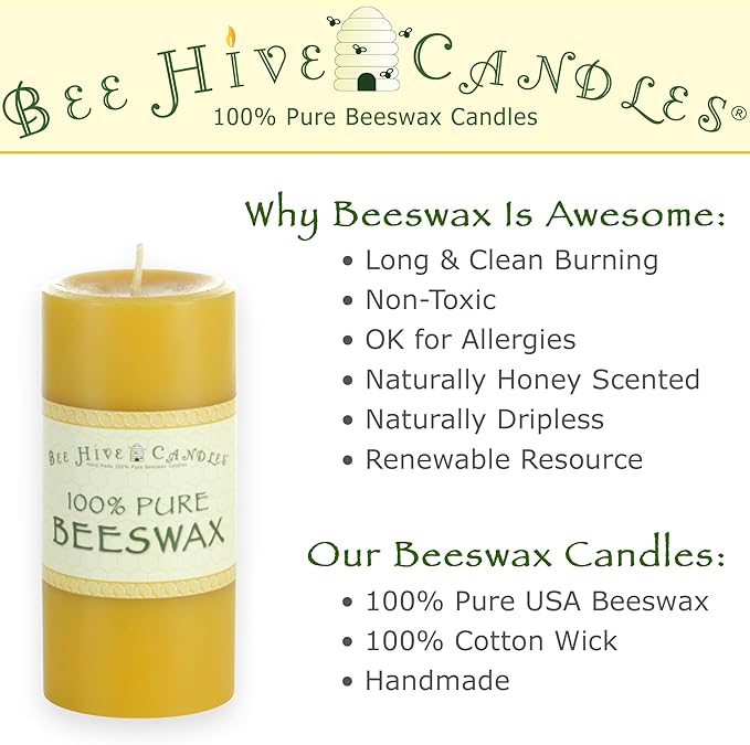 100% Pure Beeswax Pillar Candle (3" x 3") | Natural Beeswax Candles | Soy, Paraffin & Fragrance Free | Handmade in The USA