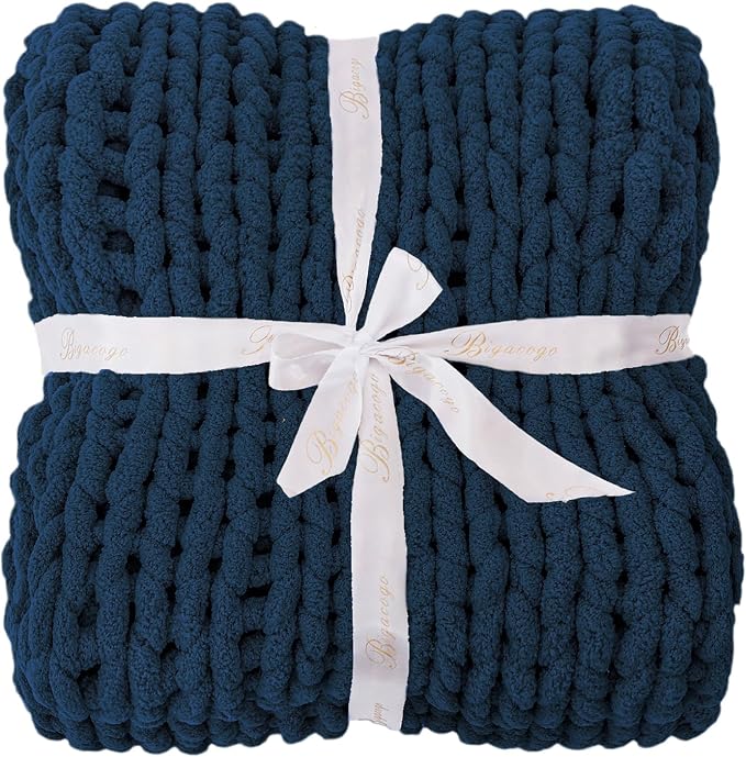 Bigacogo Chunky Knit Throw Blanket for Couch, 60x80 inches, 100% Hand Knitted with Thick Jumbo Chenille Yarn, Cozy Soft Large Rope Knot Cable Crochet Blankets for Sofa Bed Living Room, Navy Blue